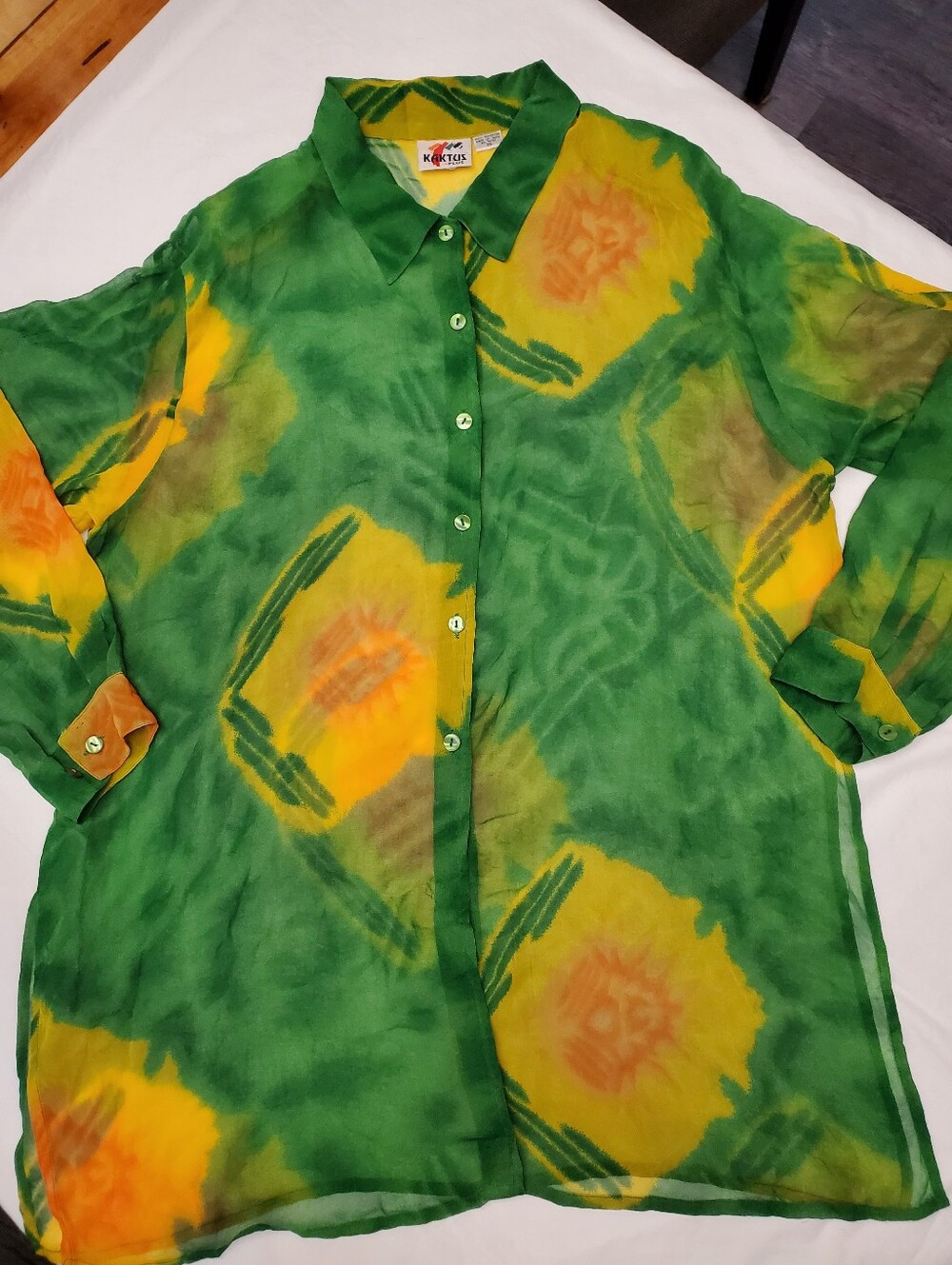 Kaktus Plus Vintage Sheer Chiffon Blouse 3X | Green Yellow Abstract Print